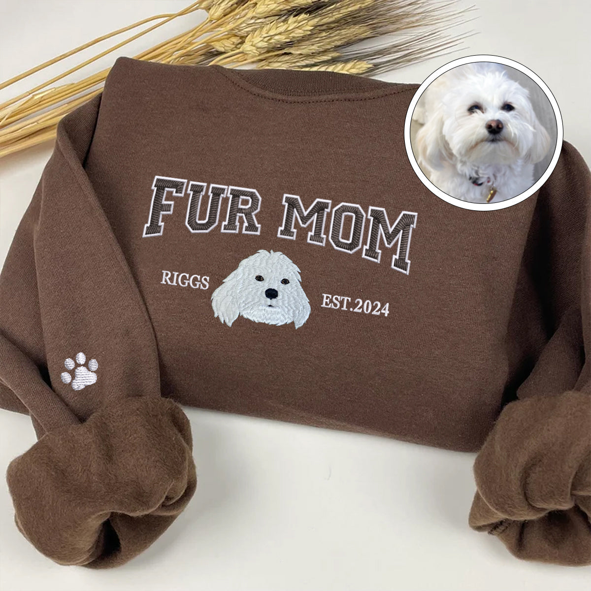 Custom Full-Color Varsity Fur Mom Embroidered Sweatshirt | Gift For Pet Lovers