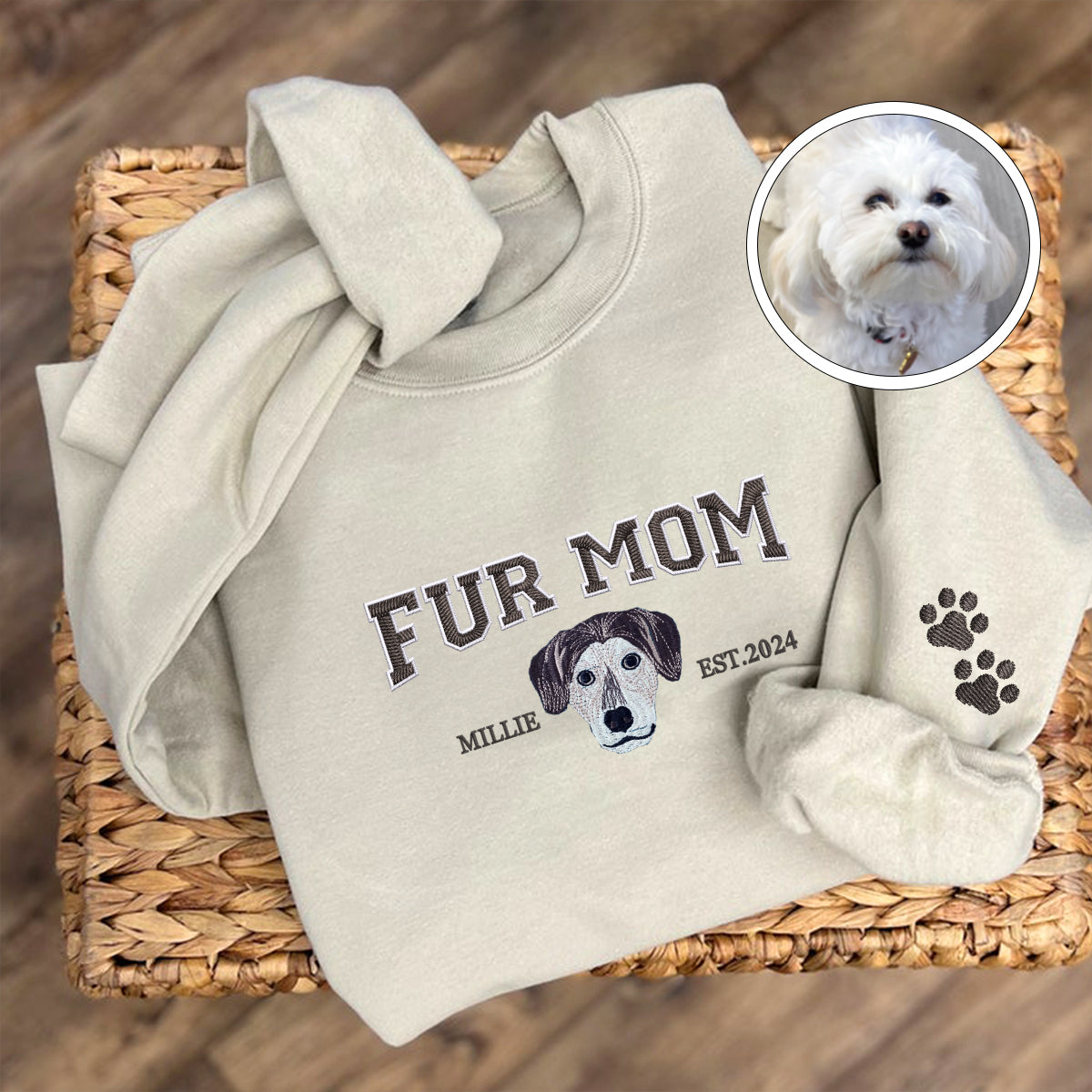 Custom Full-Color Varsity Fur Mom Embroidered Sweatshirt | Gift For Pet Lovers