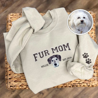 Custom Full-Color Varsity Fur Mom Embroidered Sweatshirt | Gift For Pet Lovers