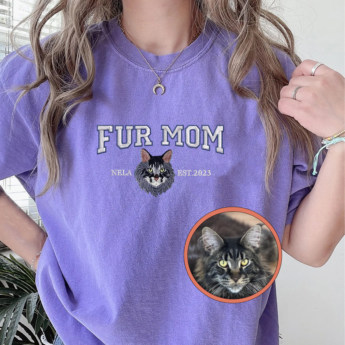 Custom Full-Color Varsity Fur Mom Embroidered T-Shirt | Gift For Pet Lovers