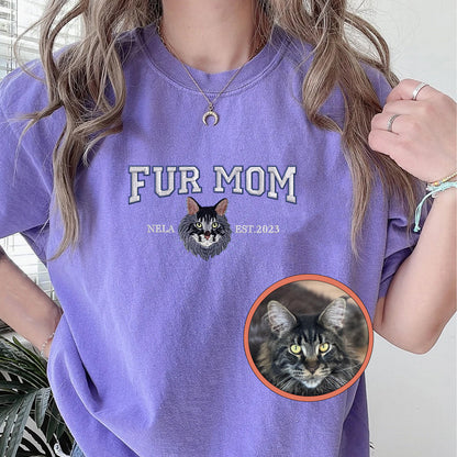 Custom Full-Color Varsity Fur Mom Embroidered T-Shirt | Gift For Pet Lovers