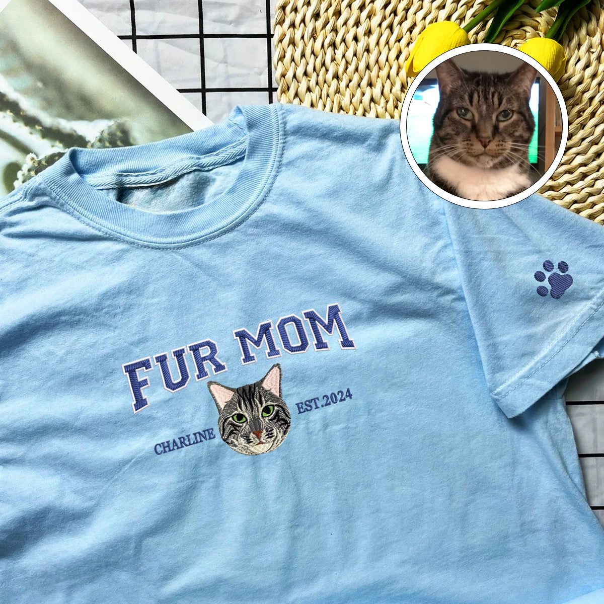 Custom Full-Color Varsity Fur Mom Embroidered T-Shirt | Gift For Pet Lovers