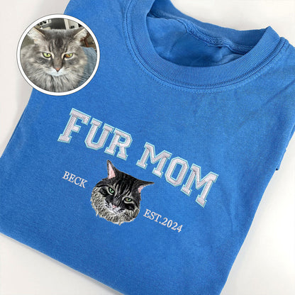 Custom Full-Color Varsity Fur Mom Embroidered T-Shirt | Gift For Pet Lovers