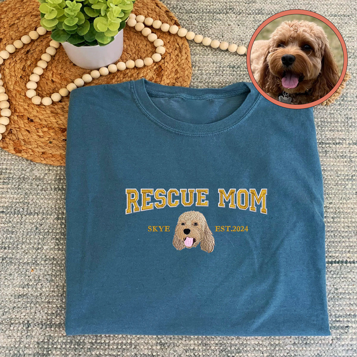 Custom Full-Color Varsity Rescue Mom Embroidered T-Shirt | Gift For Pet Lovers