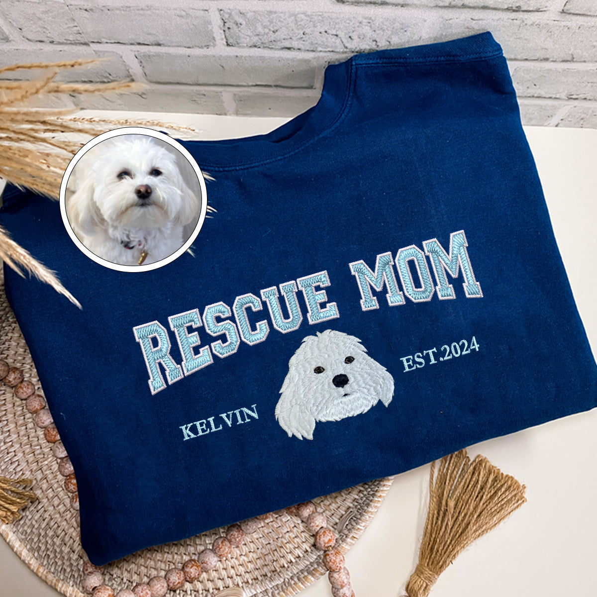 Custom Full-Color Varsity Rescue Mom Embroidered T-Shirt | Gift For Pet Lovers