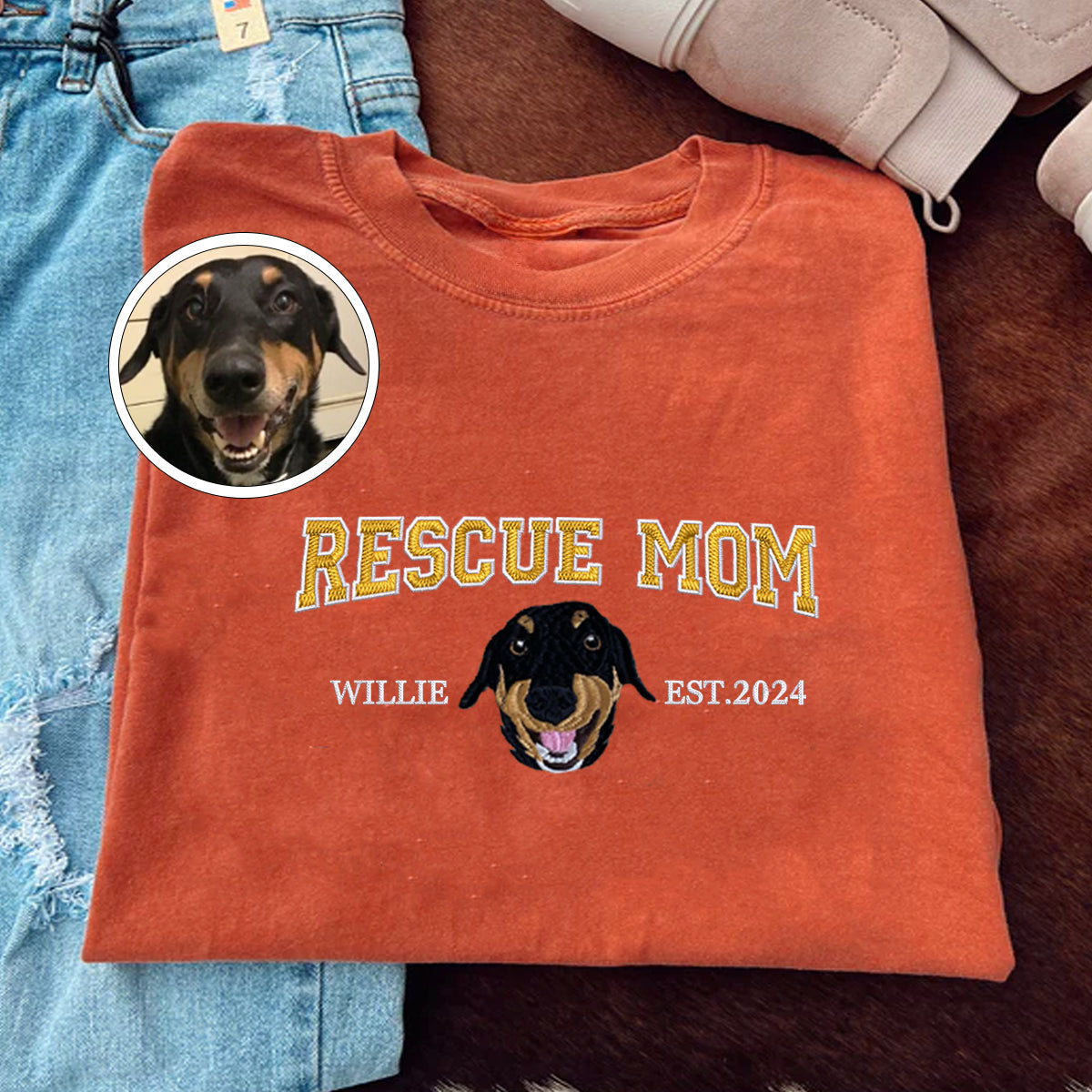 Custom Full-Color Varsity Rescue Mom Embroidered T-Shirt | Gift For Pet Lovers
