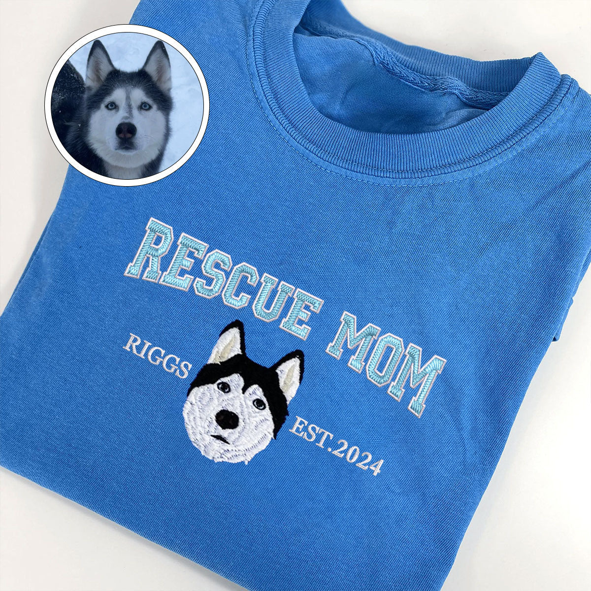 Custom Full-Color Varsity Rescue Mom Embroidered T-Shirt | Gift For Pet Lovers