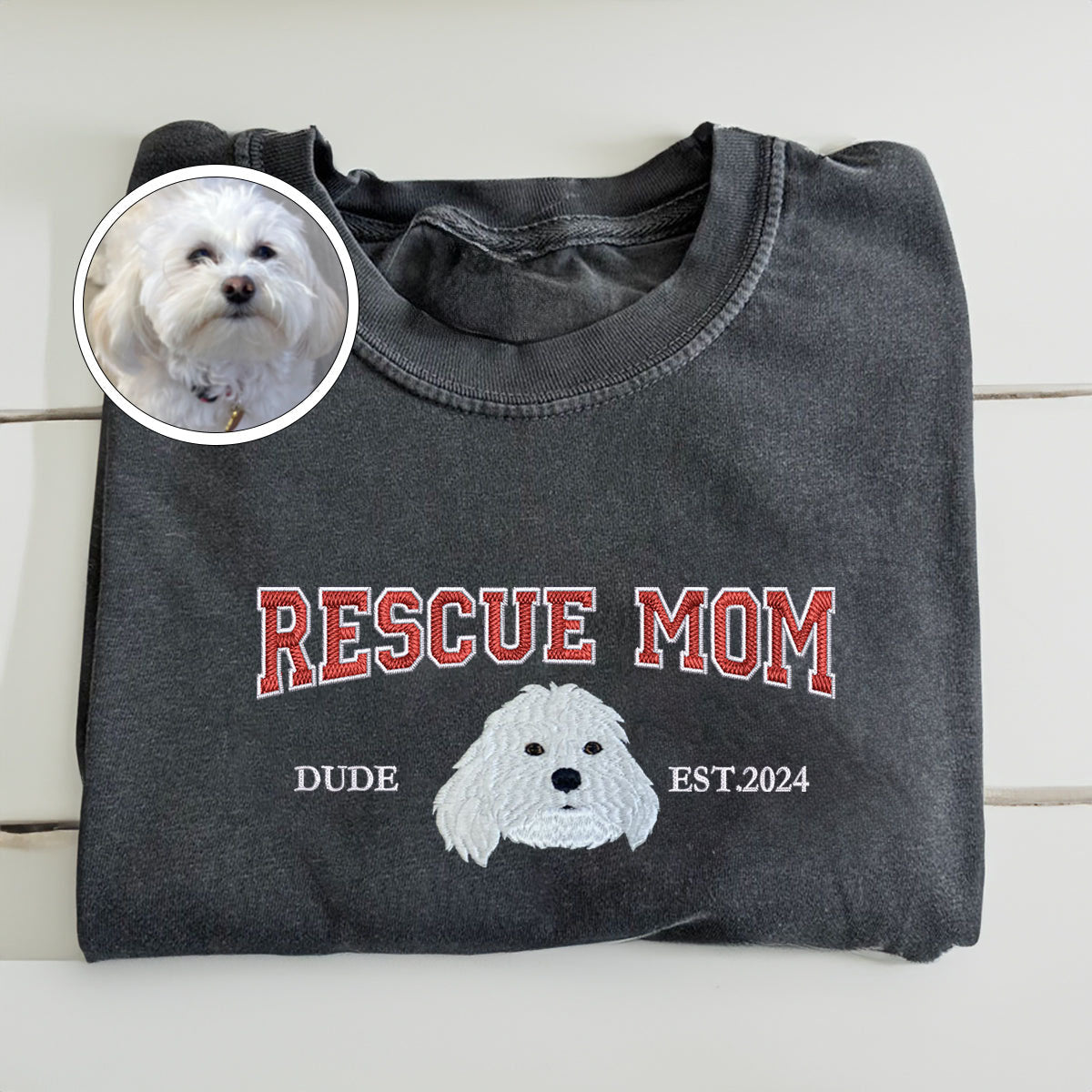 Custom Full-Color Varsity Rescue Mom Embroidered T-Shirt | Gift For Pet Lovers