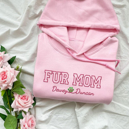 Custom Fur Mom With Names Embroidered Hoodie | Gift For Pet Lovers