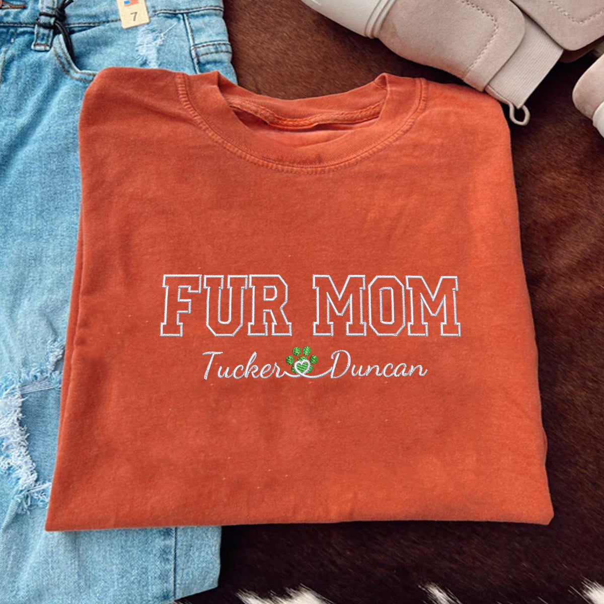 Custom Fur Mom With Names Embroidered T-Shirt | Gift For Pet Lovers