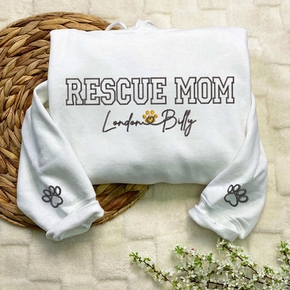 Custom Rescue Mom With Names Embroidered Hoodie | Gift For Pet Lovers