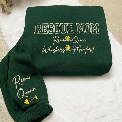 Custom Rescue Mom With Names Embroidered Hoodie | Gift For Pet Lovers