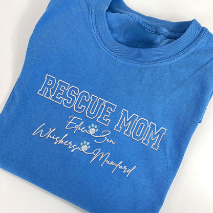 Custom Rescue Mom With Names Embroidered T-Shirt | Gift For Pet Lovers