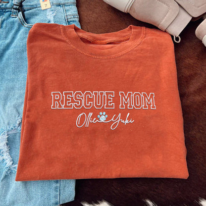 Custom Rescue Mom With Names Embroidered T-Shirt | Gift For Pet Lovers