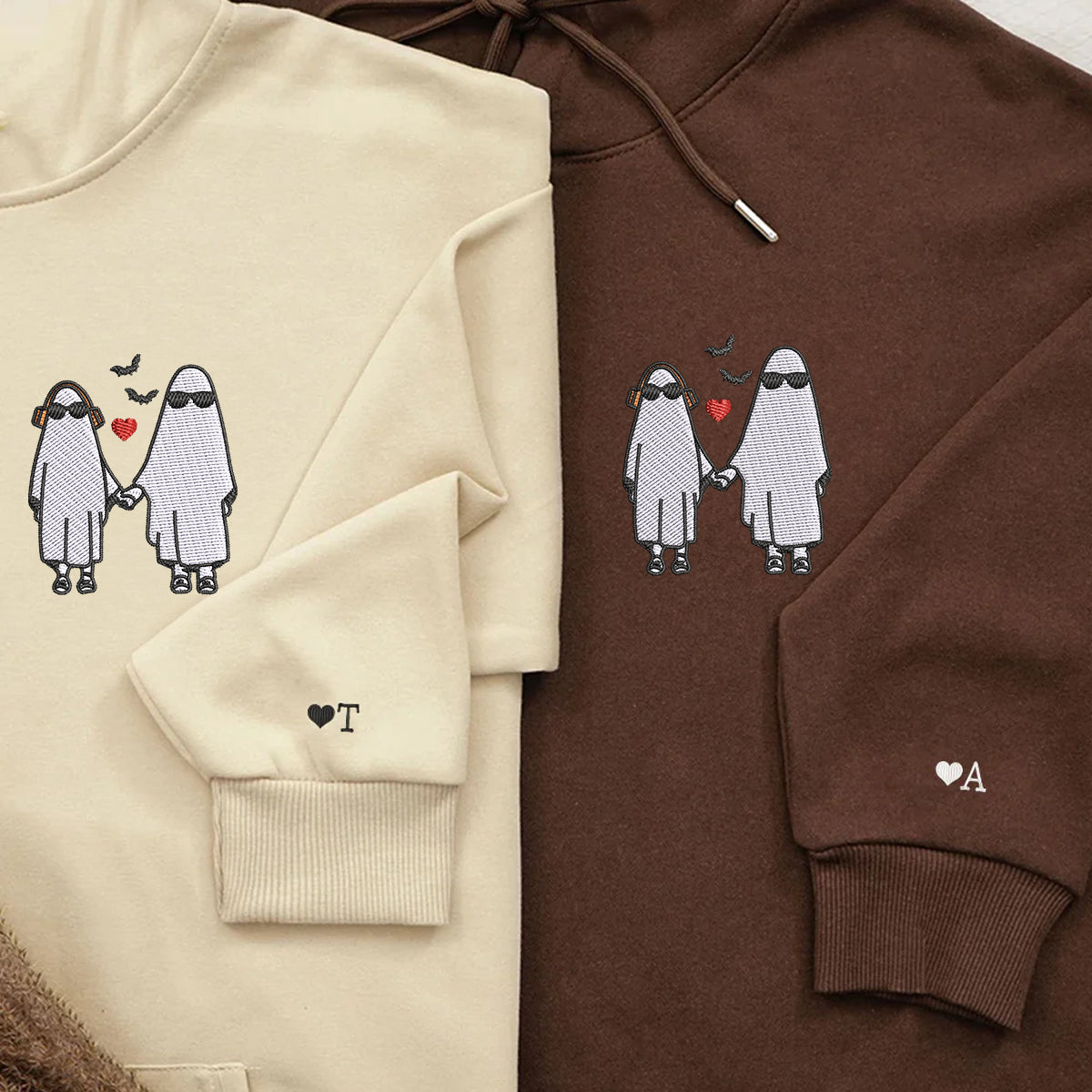 Custom Embroidered Halloween Matching Couple Ghost Hoodies