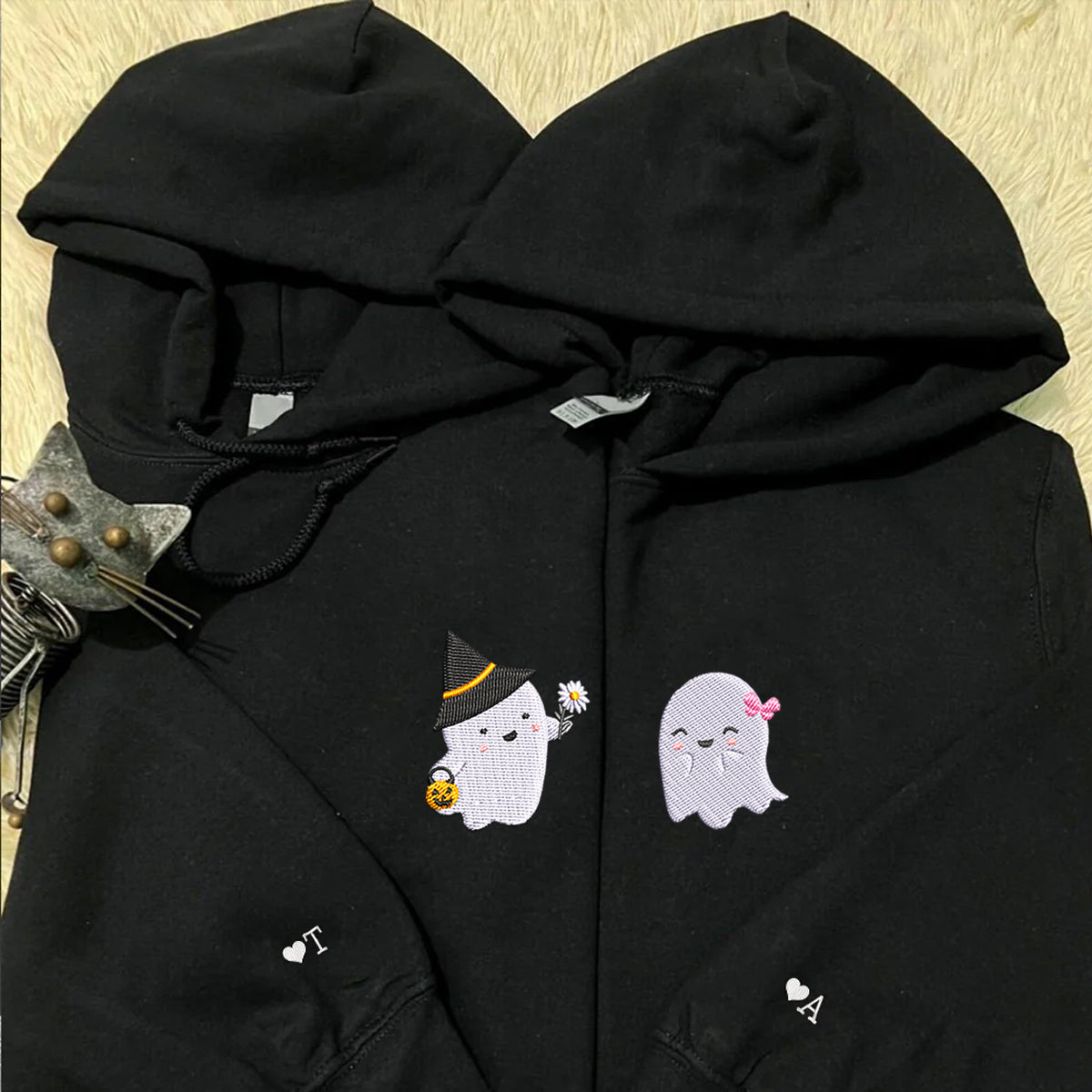 Custom Embroidered Halloween Couples Cute Ghost Boo Hoodies For Couples