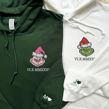 Custom Embroidered Hoodies For Couples, Christmas Green Couple Embroidered Hoodie