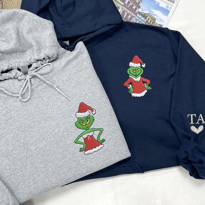 Custom Embroidered Hoodies For Couples, Cute Green Christmas Cartoon Couples Embroidered Hoodie