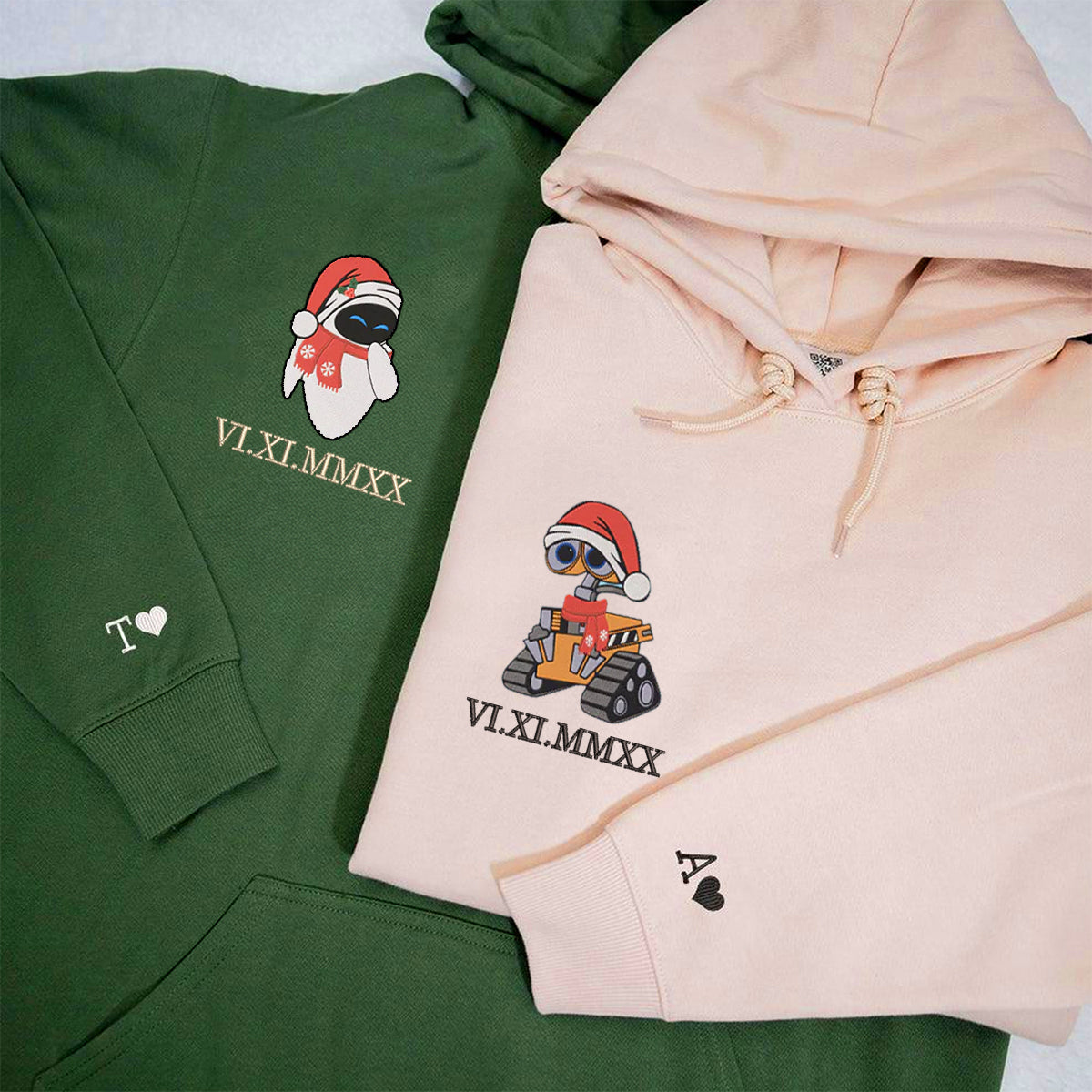 Custom Embroidered Cute Walle x Eve Cartoon Christmas Couples Roman Numeral Date Hoodies | Couple Anniversary Gift