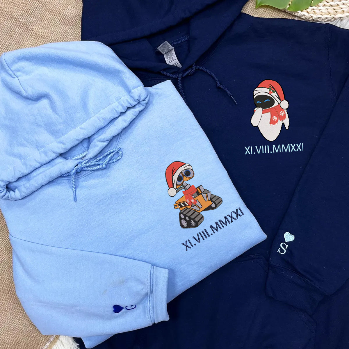 Custom Embroidered Cute Walle x Eve Cartoon Christmas Couples Roman Numeral Date Hoodies | Couple Anniversary Gift