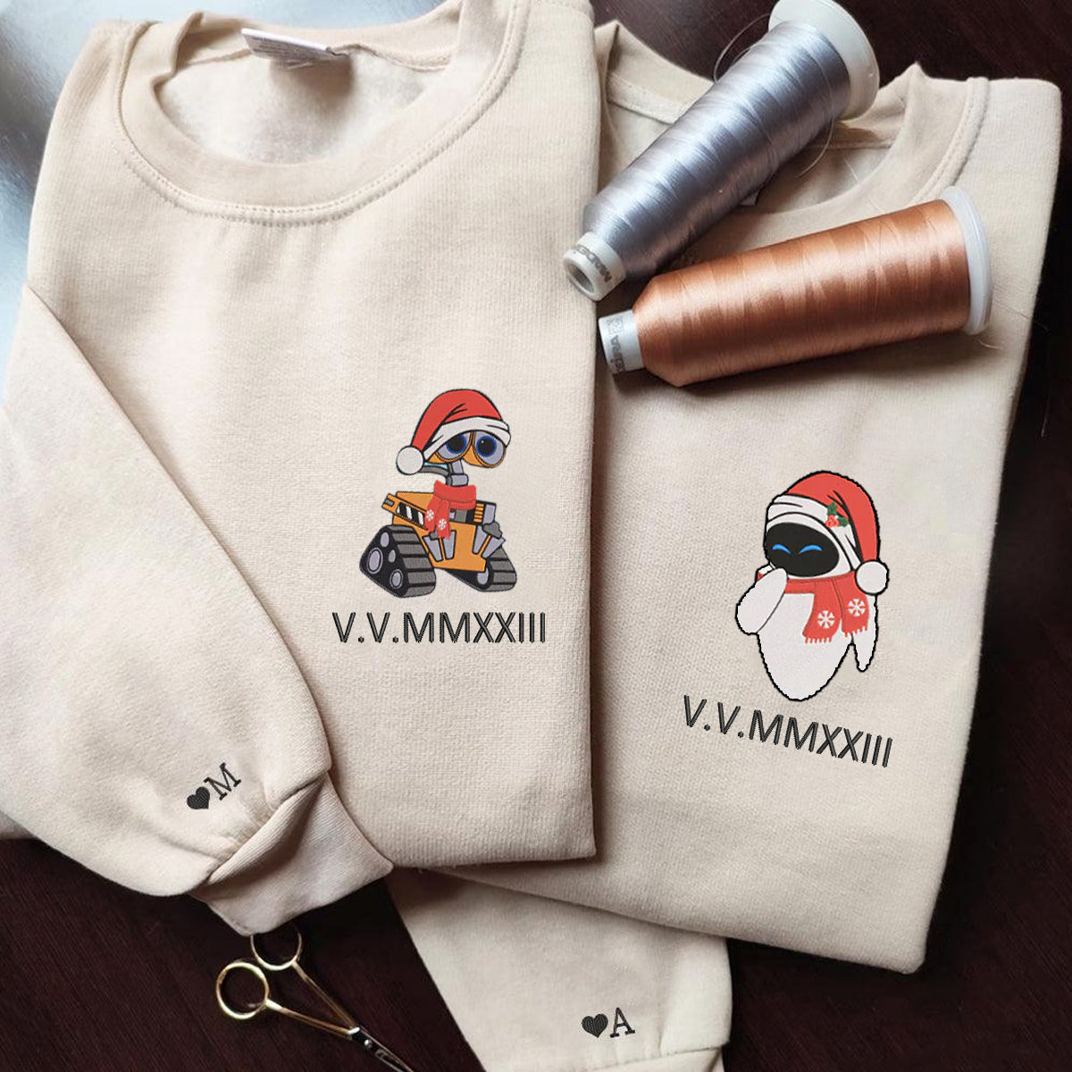 Custom Embroidered Cute Walle x Eve Cartoon Christmas Couples Roman Numeral Date Hoodies | Couple Anniversary Gift