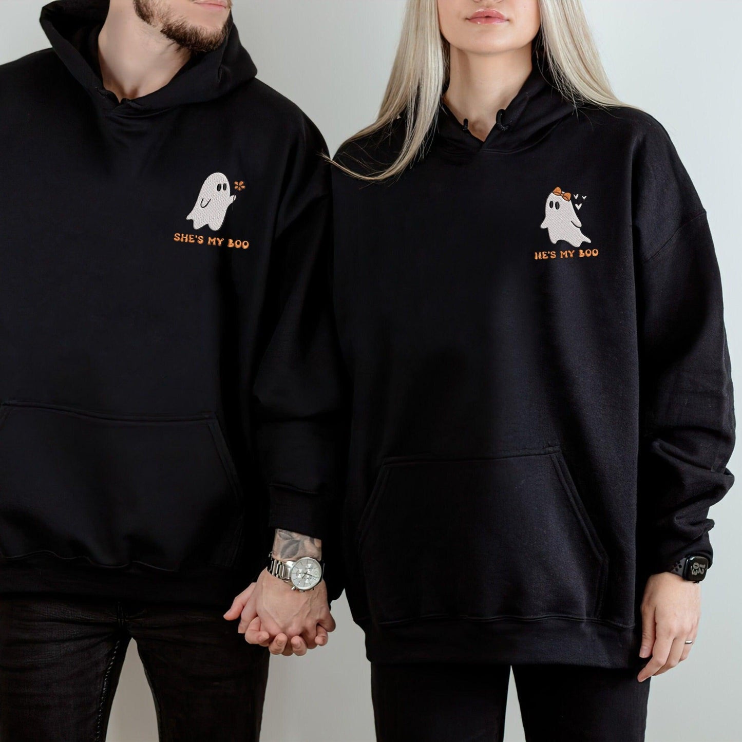Custom Embroidered Halloween Hoodies For Couples, He's My Boo She's My Boo Matching Couple Sweatshirt