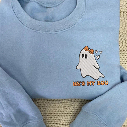 Custom Embroidered Halloween Hoodies For Couples, He's My Boo She's My Boo Matching Couple Sweatshirt