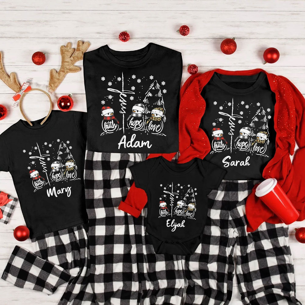 Faith Hope Love Jesus Leopard Snowman Christmas Family Matching Shirt