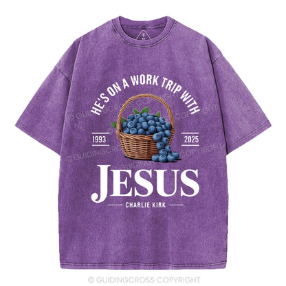 He's On A Work Trip With Jesus Christian Washed T-Shirt