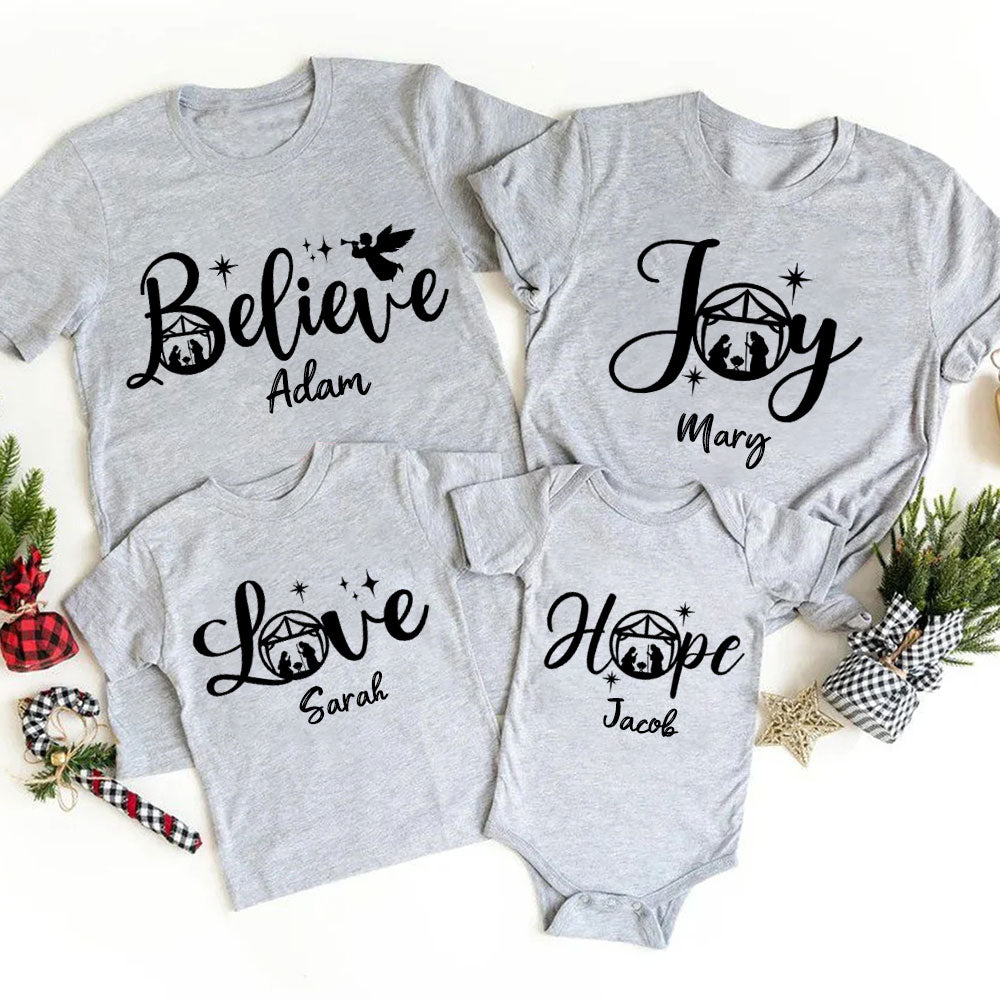 Hope Love Joy Believe Jesus Nativity Christmas Family Matching Shirts