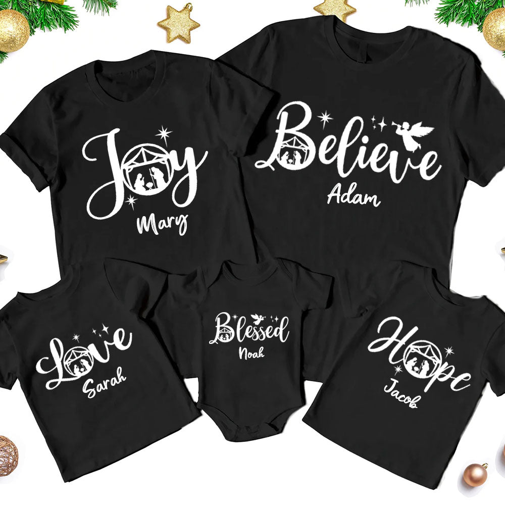 Hope Love Joy Believe Jesus Nativity Christmas Family Matching Shirts