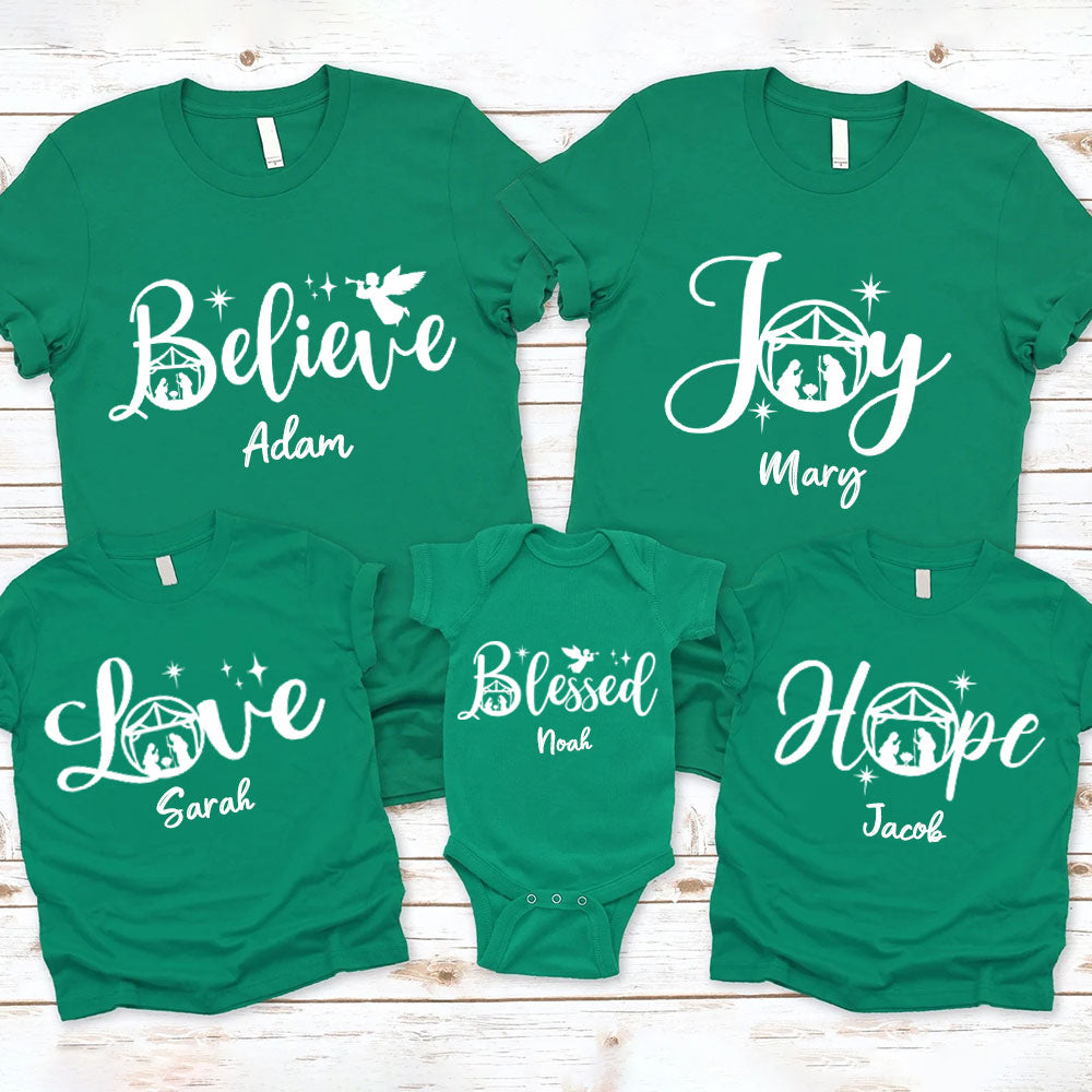 Hope Love Joy Believe Jesus Nativity Christmas Family Matching Shirts