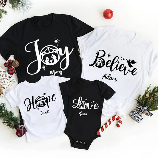 Hope Love Joy Believe Jesus Nativity Christmas Family Matching Shirts