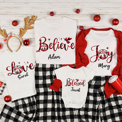 Hope Love Joy Believe Jesus Nativity Red Plaid Christmas Family Matching Shirts