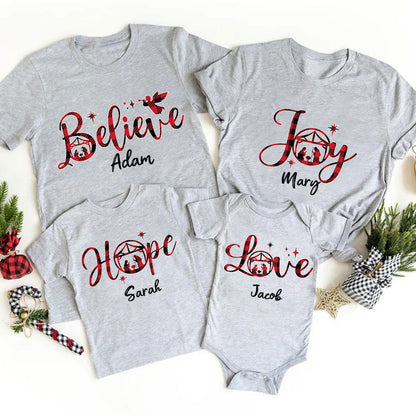 Hope Love Joy Believe Jesus Nativity Red Plaid Christmas Family Matching Shirts