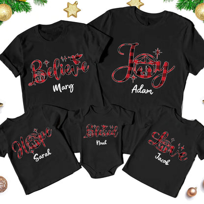 Hope Love Joy Believe Jesus Nativity Red Plaid Christmas Family Matching Shirts
