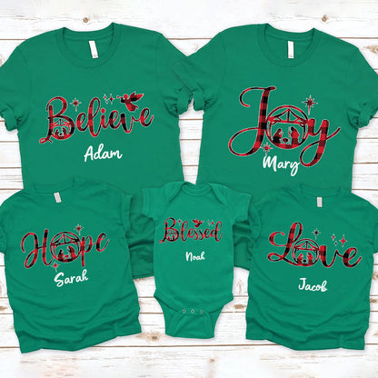 Hope Love Joy Believe Jesus Nativity Red Plaid Christmas Family Matching Shirts