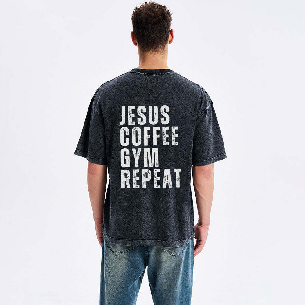 Jesus Coffee Gym Repeat Christian Washed T-Shirt