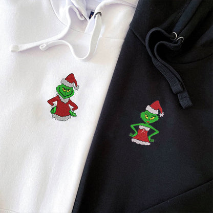 Custom Embroidered Hoodies For Couples, Cute Green Christmas Cartoon Couples Embroidered Hoodie