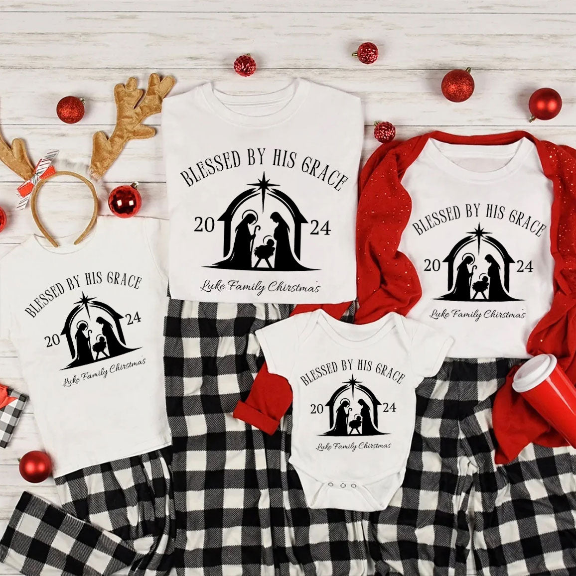 Personalized Blessed By His Grace Christmas Family Matching Shirts
