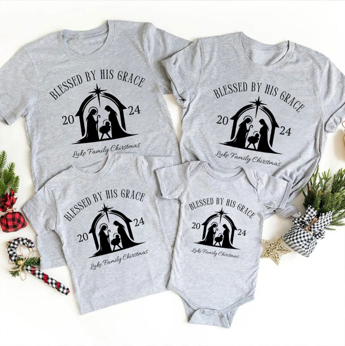 Personalized Blessed By His Grace Christmas Family Matching Shirts