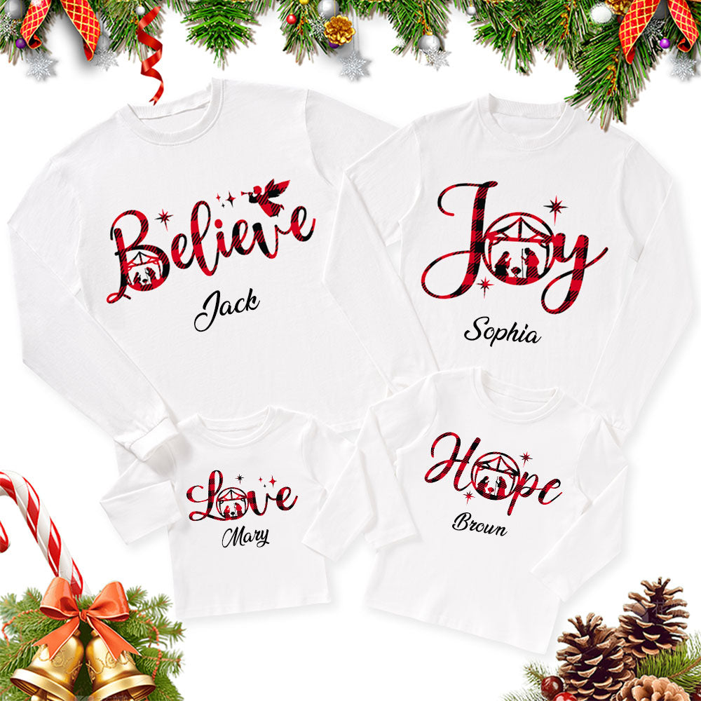 Personalized Hope Love Joy Believe Jesus Nativity Red Plaid Christmas Family Matching Long Sleeve T-Shirts
