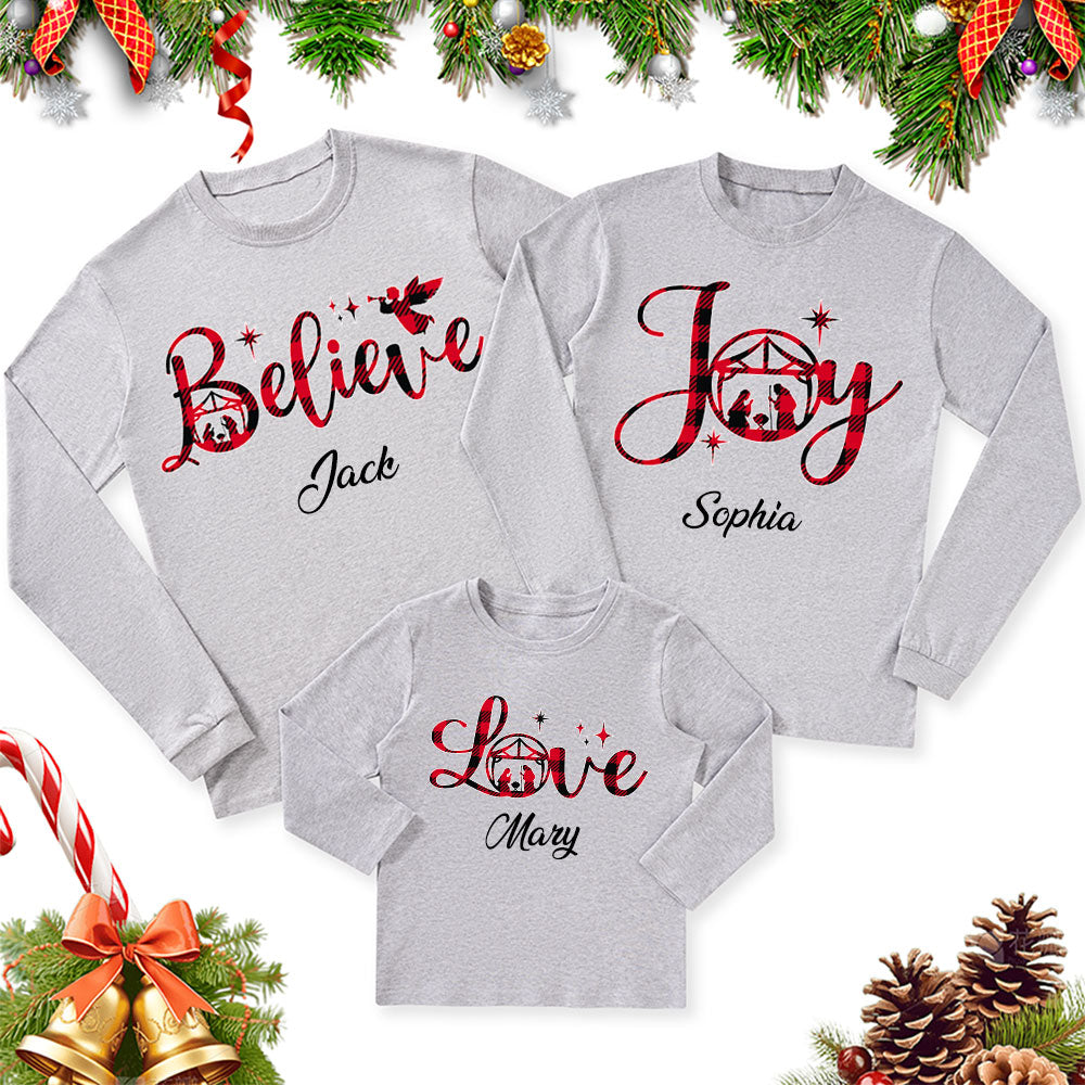 Personalized Hope Love Joy Believe Jesus Nativity Red Plaid Christmas Family Matching Long Sleeve T-Shirts