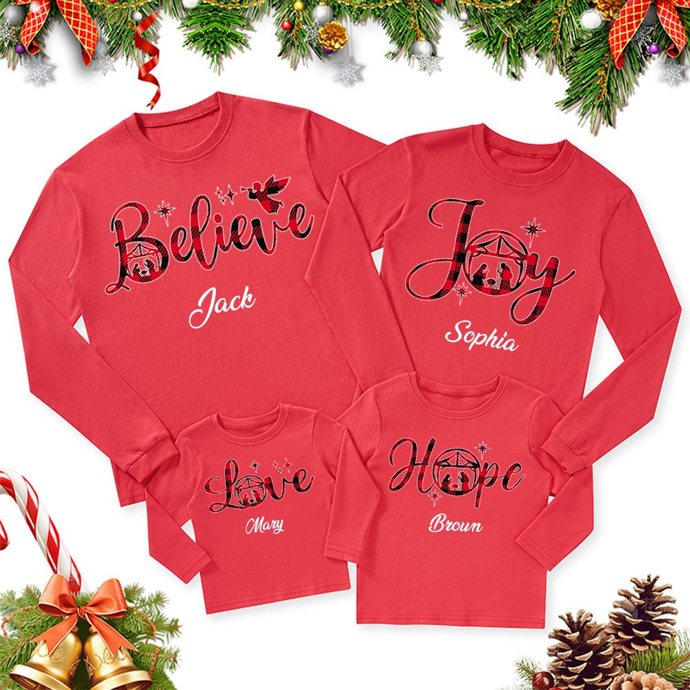 Personalized Hope Love Joy Believe Jesus Nativity Red Plaid Christmas Family Matching Long Sleeve T-Shirts