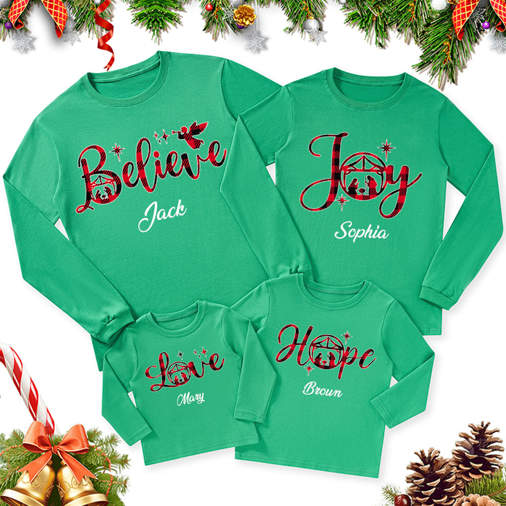 Personalized Hope Love Joy Believe Jesus Nativity Red Plaid Christmas Family Matching Long Sleeve T-Shirts