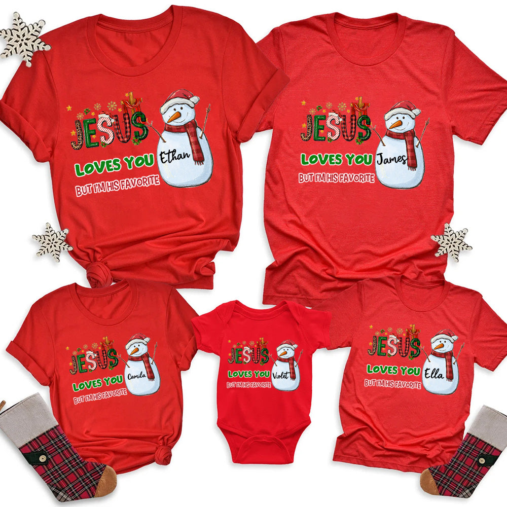 Personalized Jesus Loves You But I'm His Favorite Snowman Christmas Family Matching Shirts