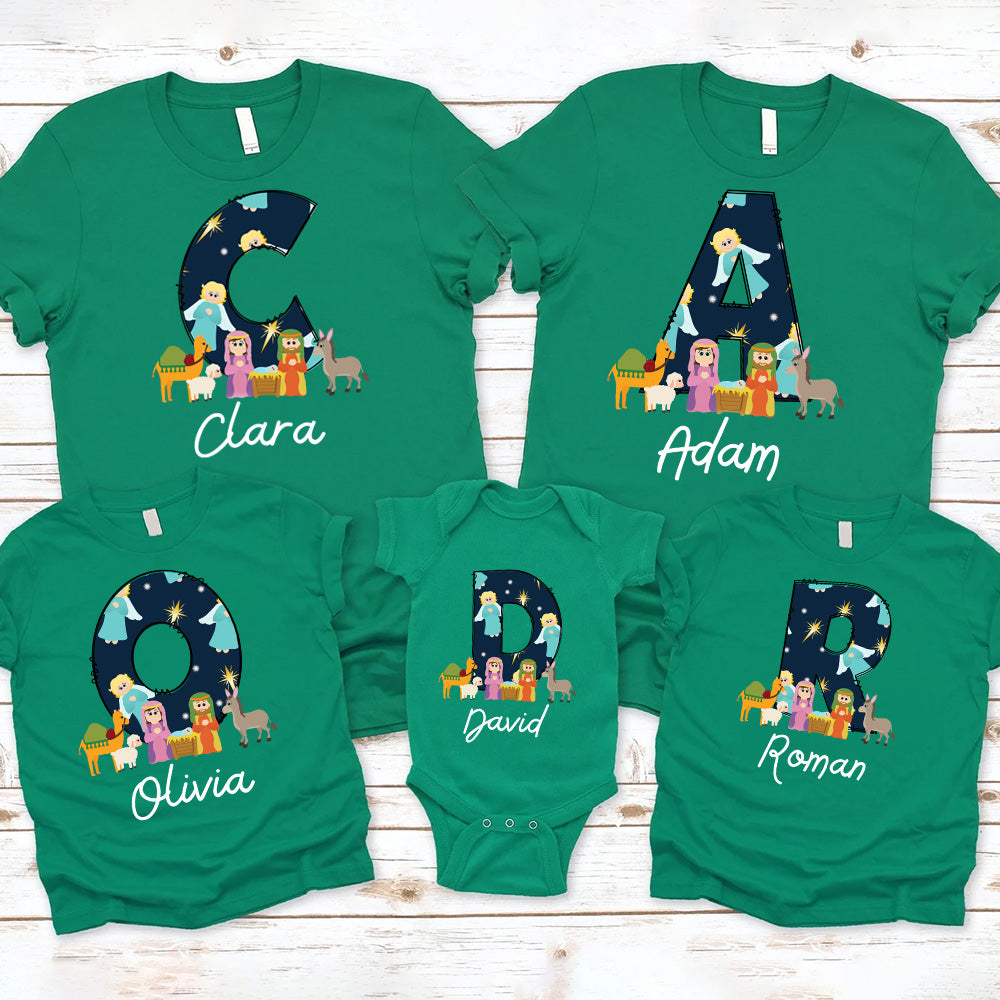 Personalized Name Nativity Scene Angel Christian Christmas Family Matching Shirts