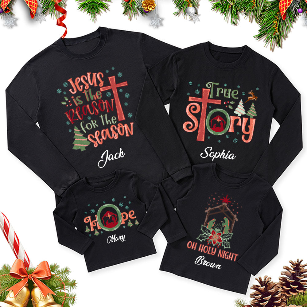 Personalized Nativity Family Matching Christian Christmas Long Sleeve T-Shirt