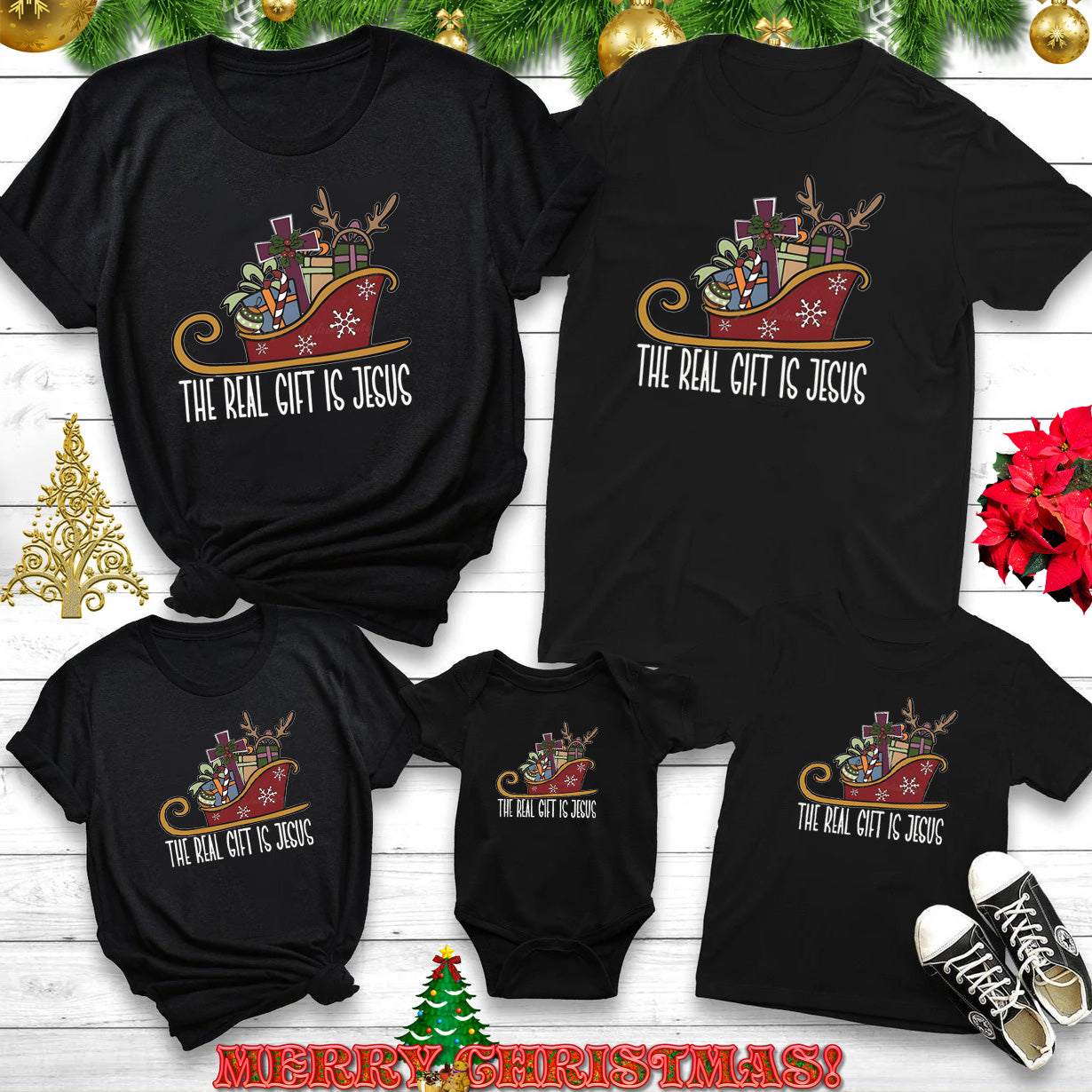 Personalized The Real Gift Is Jesus Christmas Family Matching Shirts