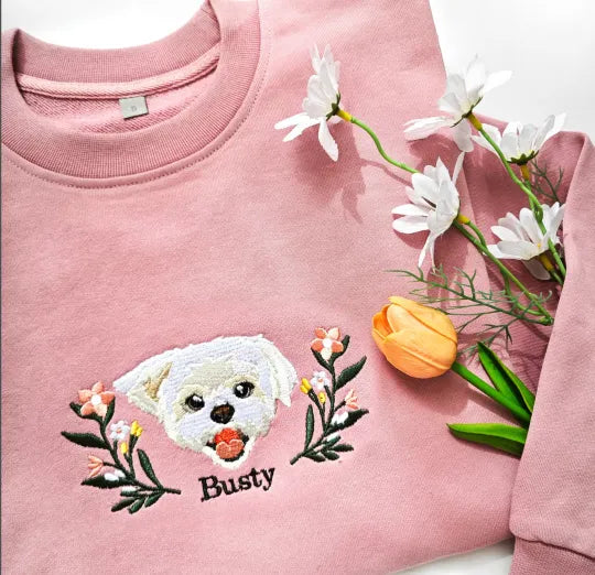 Custom Embroidered Sweatshirt With Pet Portrait Flower | for Pet Lover